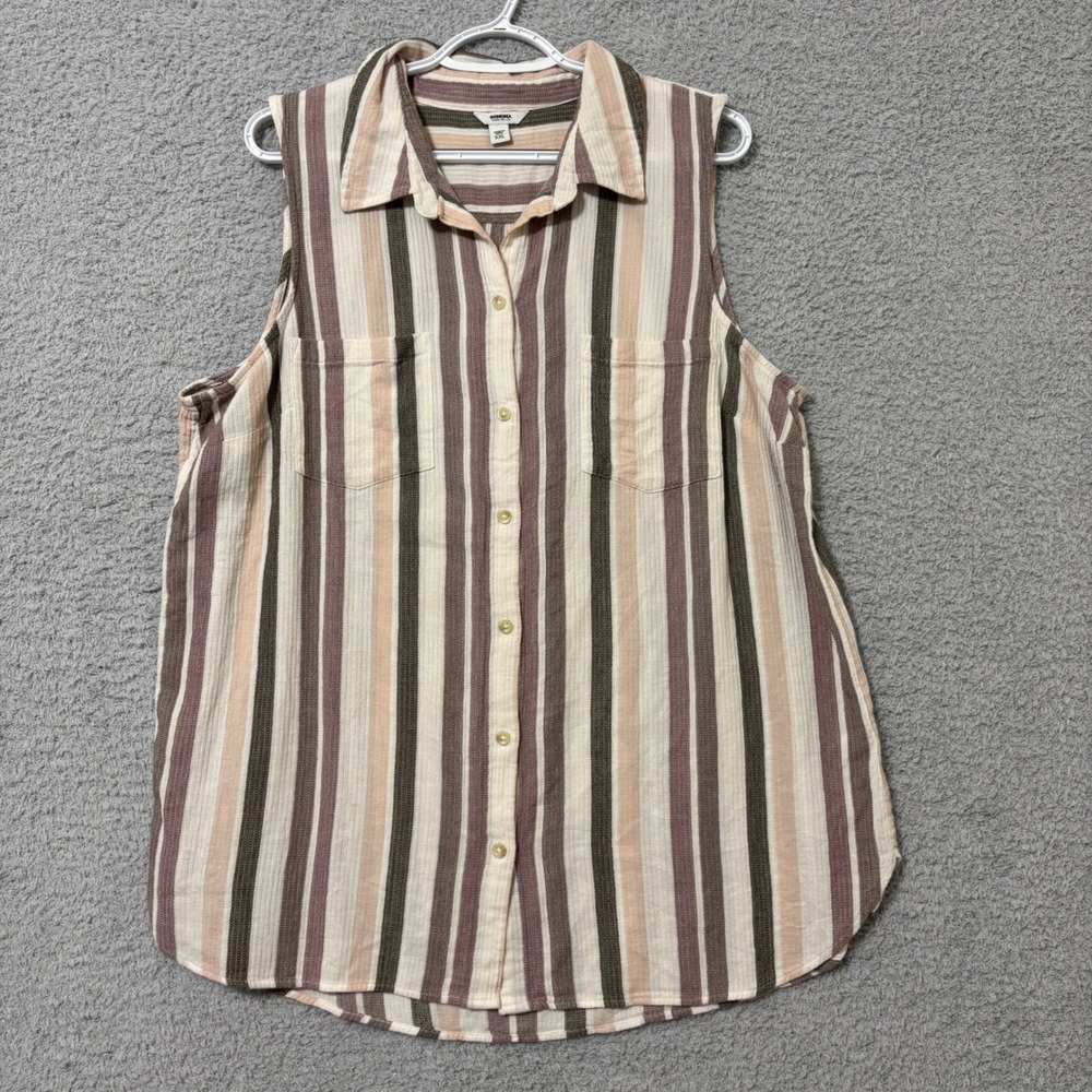 Sleeveless Striped Button Front Blouse Cotton Rayon Lightweight Neutral XXL